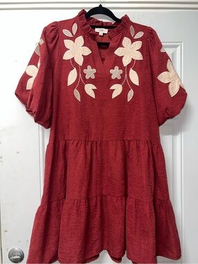 Oddi Bubble Sleeve Dress in burgundy and ivory size large